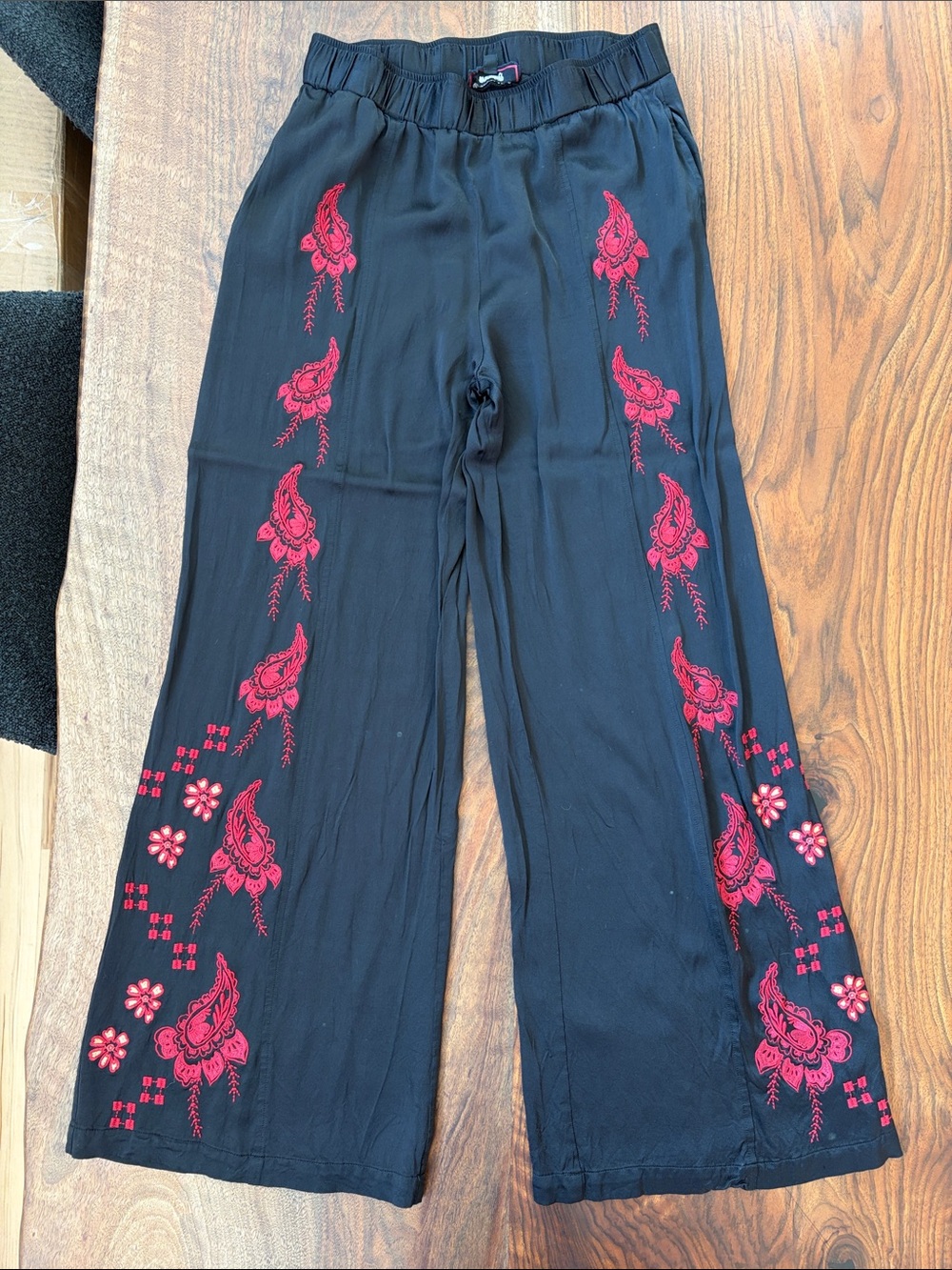 Johnny Was Black Wide Leg Pants with Red Embroidery